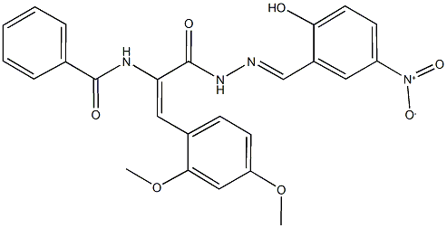 N-{2-(2,4-dimethoxyphenyl)-1-[(2-{2-hydroxy-5-nitrobenzylidene}hydrazino)carbonyl]vinyl}benzamide Struktur