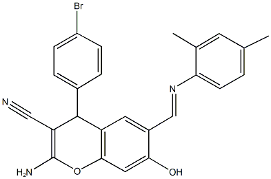 2-amino-4-(4-bromophenyl)-6-{[(2,4-dimethylphenyl)imino]methyl}-7-hydroxy-4H-chromene-3-carbonitrile Struktur