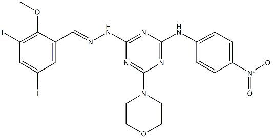 3,5-diiodo-2-methoxybenzaldehyde [4-{4-nitroanilino}-6-(4-morpholinyl)-1,3,5-triazin-2-yl]hydrazone Struktur