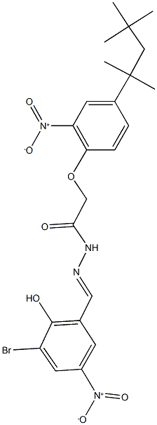 N'-{3-bromo-2-hydroxy-5-nitrobenzylidene}-2-[2-nitro-4-(1,1,3,3-tetramethylbutyl)phenoxy]acetohydrazide Struktur