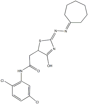 2-[2-(cycloheptylidenehydrazono)-4-hydroxy-2,5-dihydro-1,3-thiazol-5-yl]-N-(2,5-dichlorophenyl)acetamide Struktur