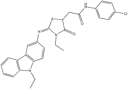 N-(4-chlorophenyl)-2-{3-ethyl-2-[(9-ethyl-9H-carbazol-3-yl)imino]-4-oxo-1,3-thiazolidin-5-yl}acetamide Struktur