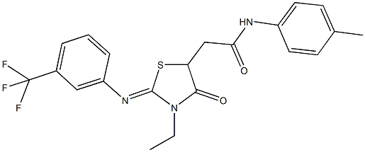 2-(3-ethyl-4-oxo-2-{[3-(trifluoromethyl)phenyl]imino}-1,3-thiazolidin-5-yl)-N-(4-methylphenyl)acetamide Struktur