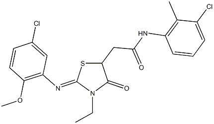 2-{2-[(5-chloro-2-methoxyphenyl)imino]-3-ethyl-4-oxo-1,3-thiazolidin-5-yl}-N-(3-chloro-2-methylphenyl)acetamide Struktur