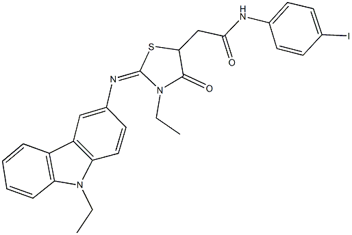 2-{3-ethyl-2-[(9-ethyl-9H-carbazol-3-yl)imino]-4-oxo-1,3-thiazolidin-5-yl}-N-(4-iodophenyl)acetamide Struktur