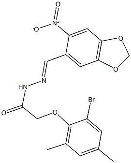 2-(2-bromo-4,6-dimethylphenoxy)-N'-({6-nitro-1,3-benzodioxol-5-yl}methylene)acetohydrazide Struktur