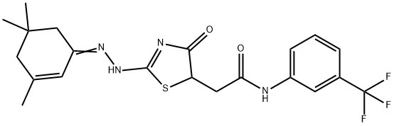 2-{4-hydroxy-2-[(3,5,5-trimethyl-2-cyclohexen-1-ylidene)hydrazono]-2,5-dihydro-1,3-thiazol-5-yl}-N-[3-(trifluoromethyl)phenyl]acetamide Struktur