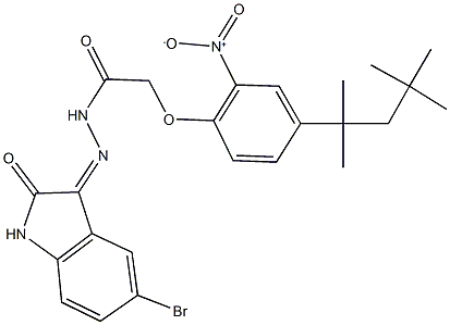 N'-(5-bromo-2-oxo-1,2-dihydro-3H-indol-3-ylidene)-2-[2-nitro-4-(1,1,3,3-tetramethylbutyl)phenoxy]acetohydrazide Struktur