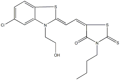 3-butyl-5-[2-(5-chloro-3-(2-hydroxyethyl)-1,3-benzothiazol-2(3H)-ylidene)ethylidene]-2-thioxo-1,3-thiazolidin-4-one Struktur