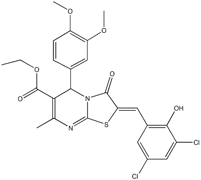 ethyl 2-(3,5-dichloro-2-hydroxybenzylidene)-5-(3,4-dimethoxyphenyl)-7-methyl-3-oxo-2,3-dihydro-5H-[1,3]thiazolo[3,2-a]pyrimidine-6-carboxylate Struktur