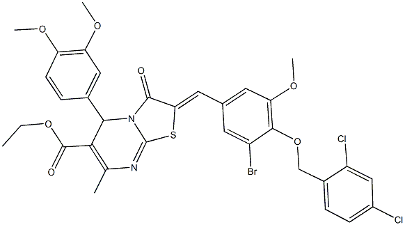 ethyl 2-{3-bromo-4-[(2,4-dichlorobenzyl)oxy]-5-methoxybenzylidene}-5-(3,4-dimethoxyphenyl)-7-methyl-3-oxo-2,3-dihydro-5H-[1,3]thiazolo[3,2-a]pyrimidine-6-carboxylate Struktur