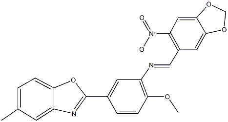 2-{3-[({6-nitro-1,3-benzodioxol-5-yl}methylene)amino]-4-methoxyphenyl}-5-methyl-1,3-benzoxazole Struktur