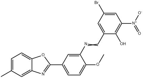 4-bromo-2-nitro-6-({[2-methoxy-5-(5-methyl-1,3-benzoxazol-2-yl)phenyl]imino}methyl)phenol Struktur