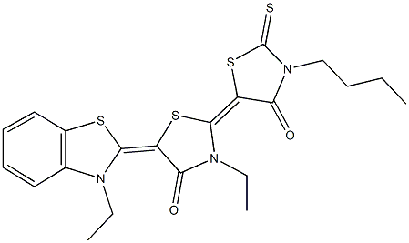 3'-butyl-3-ethyl-5-(3-ethyl-1,3-benzothiazol-2(3H)-ylidene)-2'-thioxo-2,5'-bis[1,3-thiazolidin-2-ylidene]-4,4'-dione Struktur