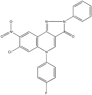 7-chloro-5-(4-fluorophenyl)-8-nitro-2-phenyl-2,5-dihydro-3H-pyrazolo[4,3-c]quinolin-3-one Struktur