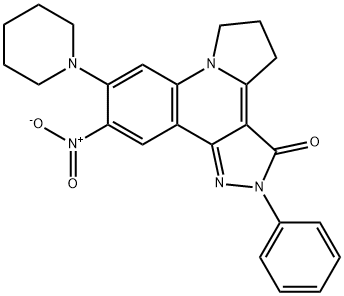 10-nitro-2-phenyl-9-(1-piperidinyl)-2,4,5,6-tetrahydro-3H-pyrazolo[4,3-c]pyrrolo[1,2-a]quinolin-3-one Struktur