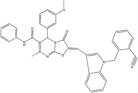 2-{[1-(2-cyanobenzyl)-1H-indol-3-yl]methylene}-5-(3-methoxyphenyl)-7-methyl-3-oxo-N-phenyl-2,3-dihydro-5H-[1,3]thiazolo[3,2-a]pyrimidine-6-carboxamide Struktur