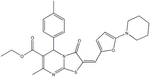 ethyl 7-methyl-5-(4-methylphenyl)-3-oxo-2-{[5-(1-piperidinyl)-2-furyl]methylene}-2,3-dihydro-5H-[1,3]thiazolo[3,2-a]pyrimidine-6-carboxylate Struktur