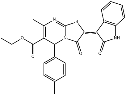 ethyl 7-methyl-5-(4-methylphenyl)-3-oxo-2-(2-oxo-1,2-dihydro-3H-indol-3-ylidene)-2,3-dihydro-5H-[1,3]thiazolo[3,2-a]pyrimidine-6-carboxylate Struktur