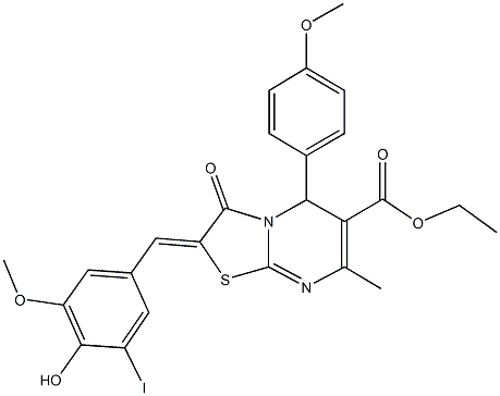 ethyl 2-(4-hydroxy-3-iodo-5-methoxybenzylidene)-5-(4-methoxyphenyl)-7-methyl-3-oxo-2,3-dihydro-5H-[1,3]thiazolo[3,2-a]pyrimidine-6-carboxylate Struktur