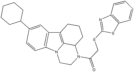 3-[(1,3-benzothiazol-2-ylsulfanyl)acetyl]-8-cyclohexyl-2,3,3a,4,5,6-hexahydro-1H-pyrazino[3,2,1-jk]carbazole Struktur