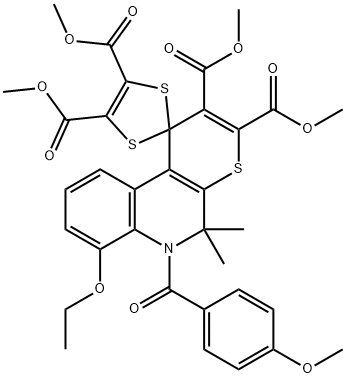 tetramethyl 7'-ethoxy-6'-(4-methoxybenzoyl)-5',5'-dimethyl-5',6'-dihydrospiro[1,3-dithiole-2,1'-(1'H)-thiopyrano[2,3-c]quinoline]-2',3',4,5-tetracarboxylate Struktur