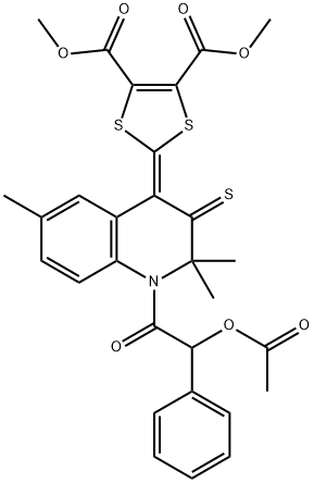 dimethyl 2-(1-[(acetyloxy)(phenyl)acetyl]-2,2,6-trimethyl-3-thioxo-2,3-dihydro-4(1H)-quinolinylidene)-1,3-dithiole-4,5-dicarboxylate Struktur