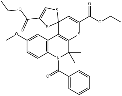 diethyl 6'-benzoyl-9'-methoxy-5',5'-dimethyl-5',6'-dihydrospiro(1,3-dithiole-2,1'-[1'H]-thiopyrano[2,3-c]quinoline)-3',4-dicarboxylate Struktur