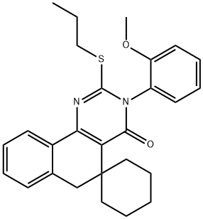 2-(propylsulfanyl)-3-(2-methoxyphenyl)-4-oxo-3,4,5,6-tetrahydrospiro(benzo[h]quinazoline-5,1'-cyclohexane) Struktur