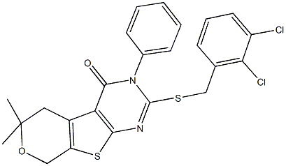 2-[(2,3-dichlorobenzyl)sulfanyl]-6,6-dimethyl-3-phenyl-3,5,6,8-tetrahydro-4H-pyrano[4',3':4,5]thieno[2,3-d]pyrimidin-4-one Struktur