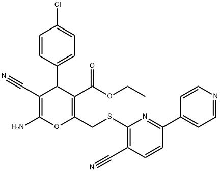 ethyl 6-amino-4-{4-chlorophenyl}-5-cyano-2-{2-[(3-cyano-2-{6,4'-bipyridyl})sulfanyl]ethyl}-4H-pyran-3-carboxylate Struktur