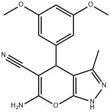 6-amino-4-(3,5-dimethoxyphenyl)-3-methyl-1,4-dihydropyrano[2,3-c]pyrazole-5-carbonitrile Struktur