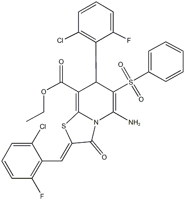 ethyl 5-amino-2-(2-chloro-6-fluorobenzylidene)-7-(2-chloro-6-fluorophenyl)-3-oxo-6-(phenylsulfonyl)-2,3-dihydro-7H-[1,3]thiazolo[3,2-a]pyridine-8-carboxylate Struktur