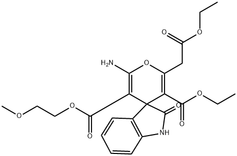 5'-ethyl 3'-(2-methoxyethyl) 2'-amino-6'-(2-ethoxy-2-oxoethyl)-1,3-dihydro-2-oxospiro[2H-indole-3,4'-(4'H)-pyran]-3',5'-dicarboxylate Struktur