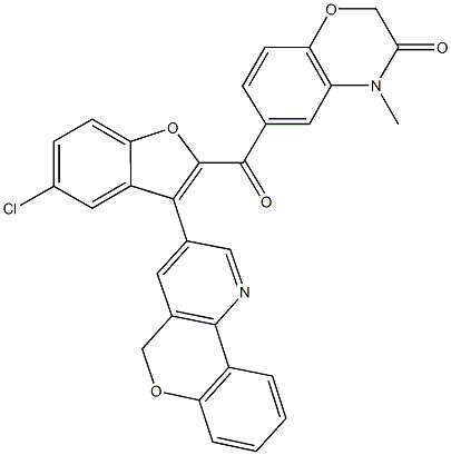 6-{[5-chloro-3-(5H-chromeno[4,3-b]pyridin-3-yl)-1-benzofuran-2-yl]carbonyl}-4-methyl-2H-1,4-benzoxazin-3(4H)-one Struktur