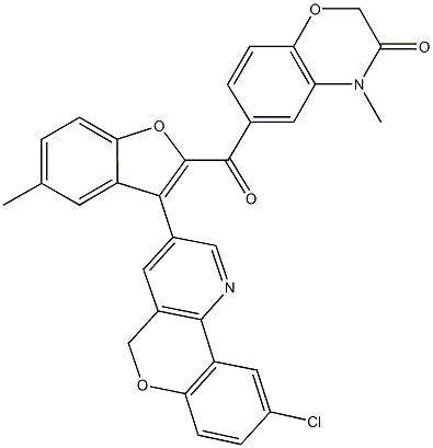 6-{[3-(9-chloro-5H-chromeno[4,3-b]pyridin-3-yl)-5-methyl-1-benzofuran-2-yl]carbonyl}-4-methyl-2H-1,4-benzoxazin-3(4H)-one Struktur