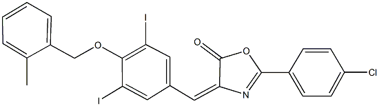 2-(4-chlorophenyl)-4-{3,5-diiodo-4-[(2-methylbenzyl)oxy]benzylidene}-1,3-oxazol-5(4H)-one Struktur