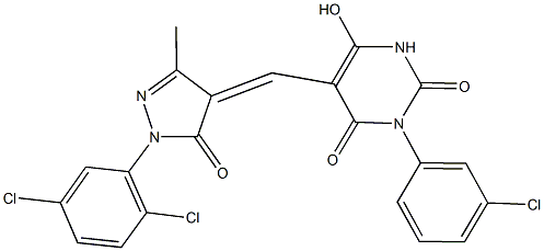 3-(3-chlorophenyl)-5-{[1-(2,5-dichlorophenyl)-3-methyl-5-oxo-1,5-dihydro-4H-pyrazol-4-ylidene]methyl}-6-hydroxy-2,4(1H,3H)-pyrimidinedione Struktur