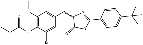 2-bromo-4-[(2-(4-tert-butylphenyl)-5-oxo-1,3-oxazol-4(5H)-ylidene)methyl]-6-methoxyphenyl propionate Struktur