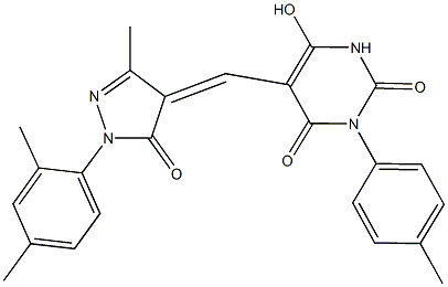 5-{[1-(2,4-dimethylphenyl)-3-methyl-5-oxo-1,5-dihydro-4H-pyrazol-4-ylidene]methyl}-6-hydroxy-3-(4-methylphenyl)-2,4(1H,3H)-pyrimidinedione Struktur