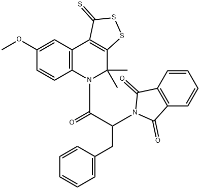 2-[1-benzyl-2-(8-methoxy-4,4-dimethyl-1-thioxo-1,4-dihydro-5H-[1,2]dithiolo[3,4-c]quinolin-5-yl)-2-oxoethyl]-1H-isoindole-1,3(2H)-dione Struktur