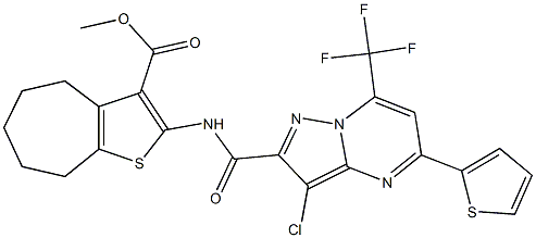 methyl 2-({[3-chloro-5-(2-thienyl)-7-(trifluoromethyl)pyrazolo[1,5-a]pyrimidin-2-yl]carbonyl}amino)-5,6,7,8-tetrahydro-4H-cyclohepta[b]thiophene-3-carboxylate Struktur