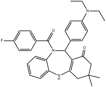 11-[4-(diethylamino)phenyl]-10-(4-fluorobenzoyl)-3,3-dimethyl-2,3,4,5,10,11-hexahydro-1H-dibenzo[b,e][1,4]diazepin-1-one Struktur