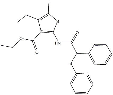 ethyl 4-ethyl-5-methyl-2-{[phenyl(phenylsulfanyl)acetyl]amino}-3-thiophenecarboxylate Struktur