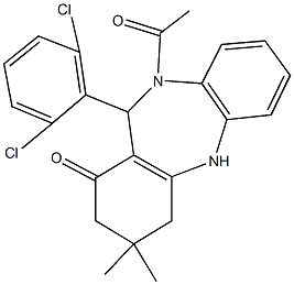 10-acetyl-11-(2,6-dichlorophenyl)-3,3-dimethyl-2,3,4,5,10,11-hexahydro-1H-dibenzo[b,e][1,4]diazepin-1-one Struktur