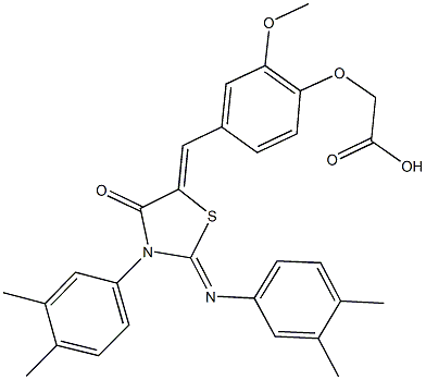 [4-({3-(3,4-dimethylphenyl)-2-[(3,4-dimethylphenyl)imino]-4-oxo-1,3-thiazolidin-5-ylidene}methyl)-2-methoxyphenoxy]acetic acid Struktur