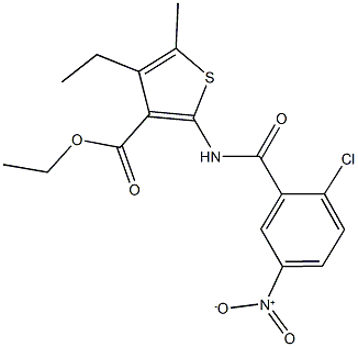 ethyl 2-({2-chloro-5-nitrobenzoyl}amino)-4-ethyl-5-methyl-3-thiophenecarboxylate Struktur