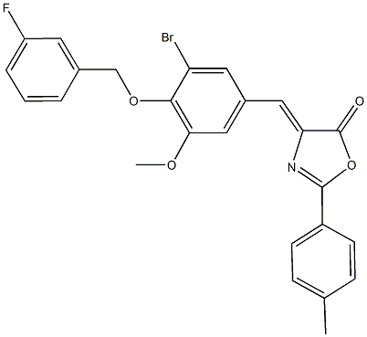 4-{3-bromo-4-[(3-fluorobenzyl)oxy]-5-methoxybenzylidene}-2-(4-methylphenyl)-1,3-oxazol-5(4H)-one Struktur