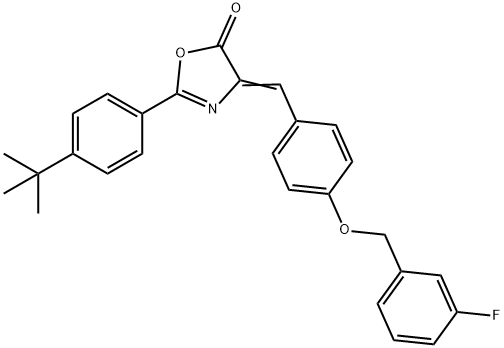 2-(4-tert-butylphenyl)-4-{4-[(3-fluorobenzyl)oxy]benzylidene}-1,3-oxazol-5(4H)-one Struktur