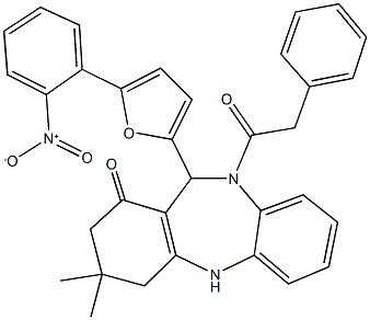 11-(5-{2-nitrophenyl}-2-furyl)-3,3-dimethyl-10-(phenylacetyl)-2,3,4,5,10,11-hexahydro-1H-dibenzo[b,e][1,4]diazepin-1-one Struktur